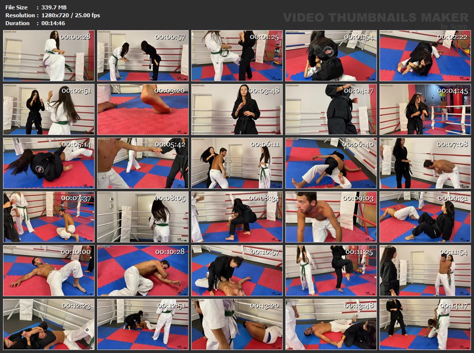 Karate and jiu jitsu girls train a guy
